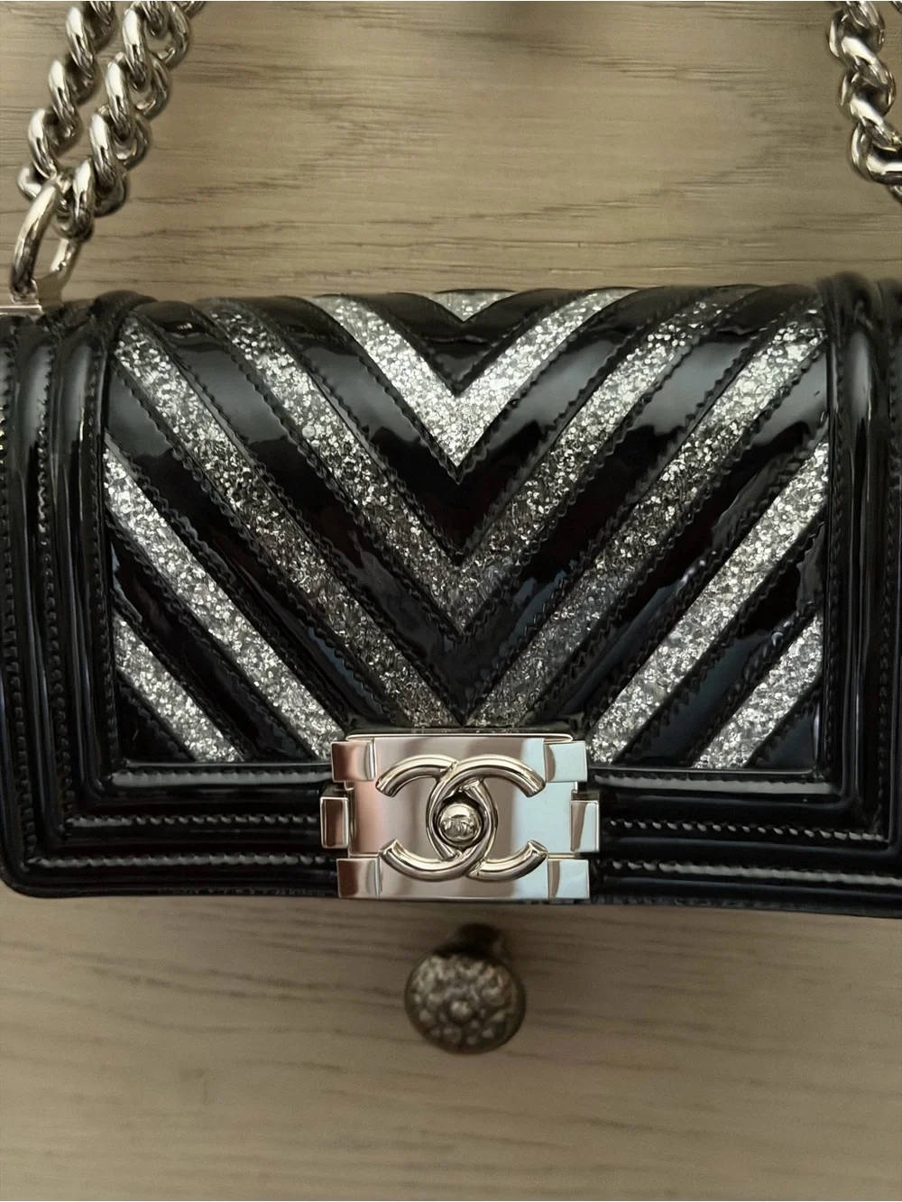 CHANEL Black & Silver Chevron Patent Glitter PVC Small Boy Bag Silver HDW